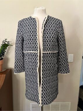 Zara Navy and White Tweed Open Front Coat Jacket Size Small Front Pockets